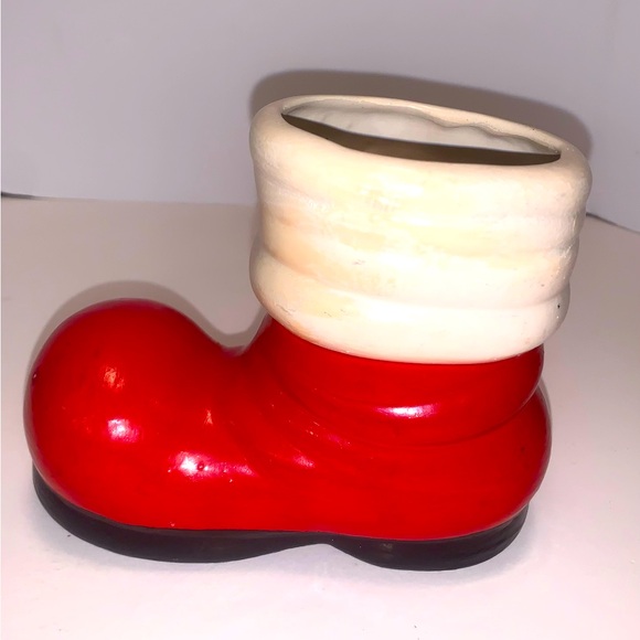 Vintage Red Ceramic Santa Clause Boot Christmas Planter: - Picture 1 of 7